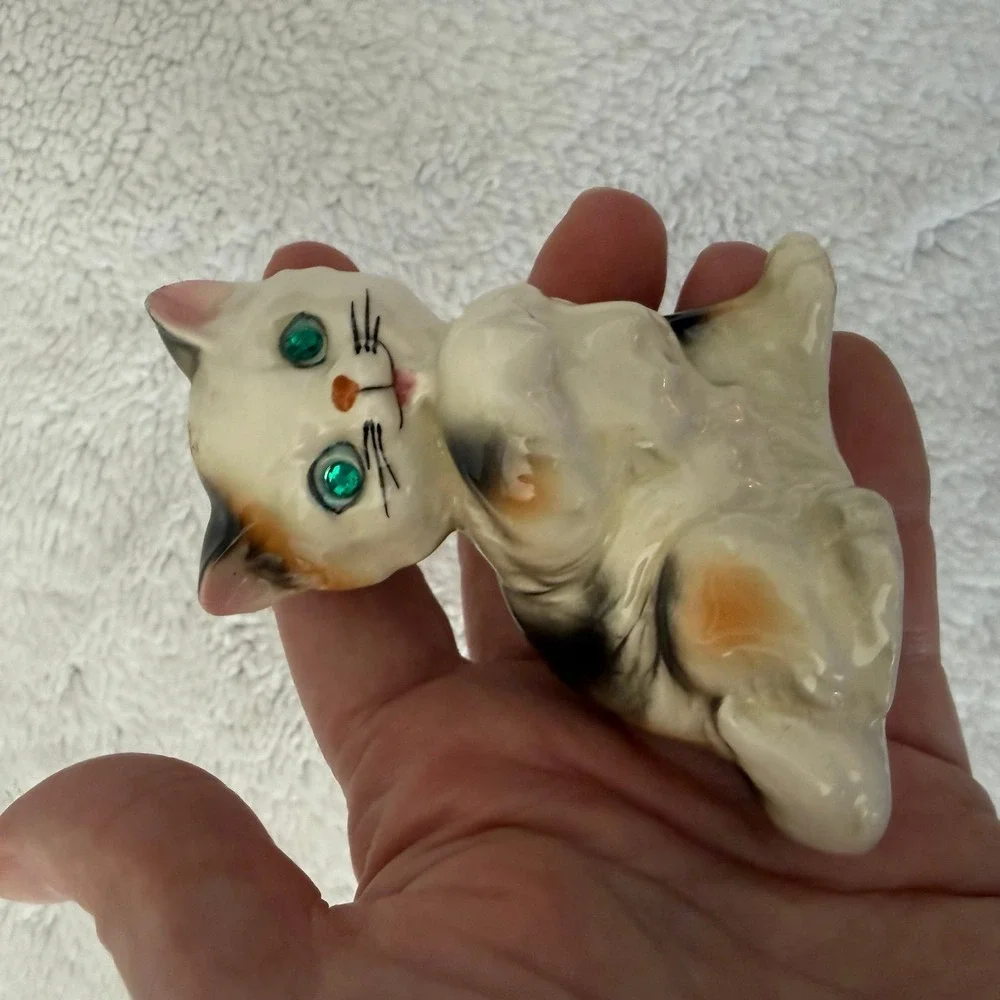 Vintage Ceramic Kitten Japan Cat Green Gem Eyes 3